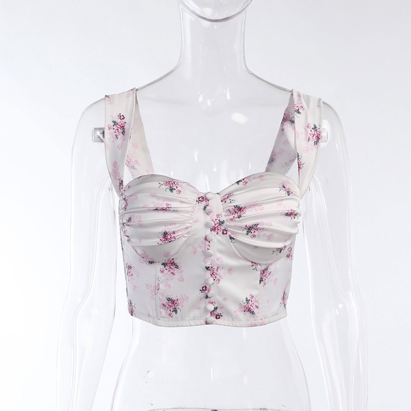 Brroa Áo Croptop Không Tay Cổ Vuông Bằng Satin In Họa Tiết Hoa Có Đệm Nâng Ngực Cổ Điển Có Nút Gợi Cảm