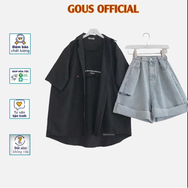 Áo Sơ Mi Nữ Một Túi Vuông Sơ Mi Cổ Bẻ Tay Ngắn Dáng Rộng Unisex  Ulzzang Hàn Quốc Màu Đen 1603 Gous Official