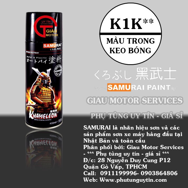 K1K _ Chai sơn xịt sơn xe máy Samurai K1K 300ml phủ bóng trong suốt 1 thành phần _ Top coat _ shop uy