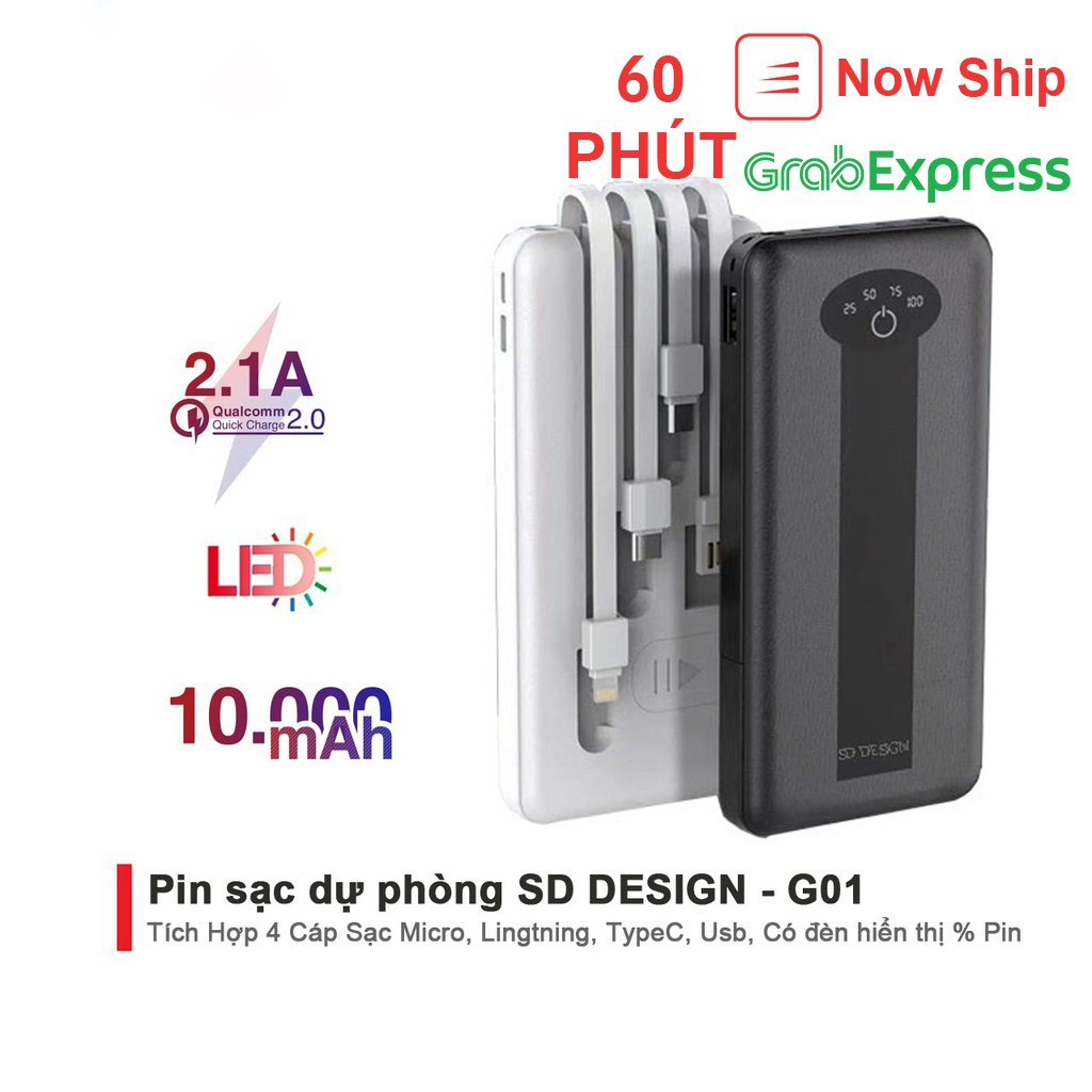 Sạc dự phòng SD DESIGN G01 dung lượng 10000 mAh có 3 cáp sạc lighting type-c micro có đèn pin bảo hành 12 tháng 1 đổi 1