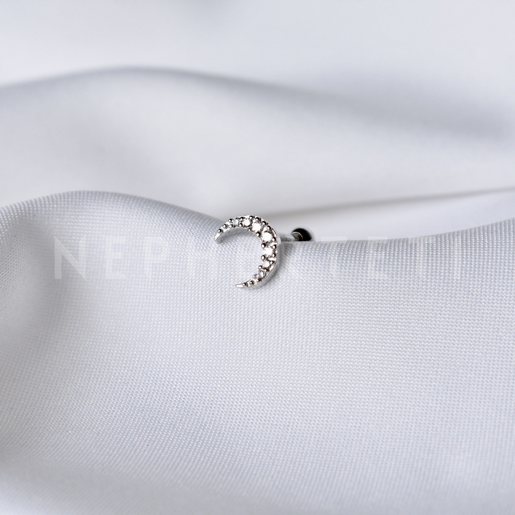 Khuyên tai bạc 925 mini - Mặt trăng đá chốt bi vặn  - Nepherteti