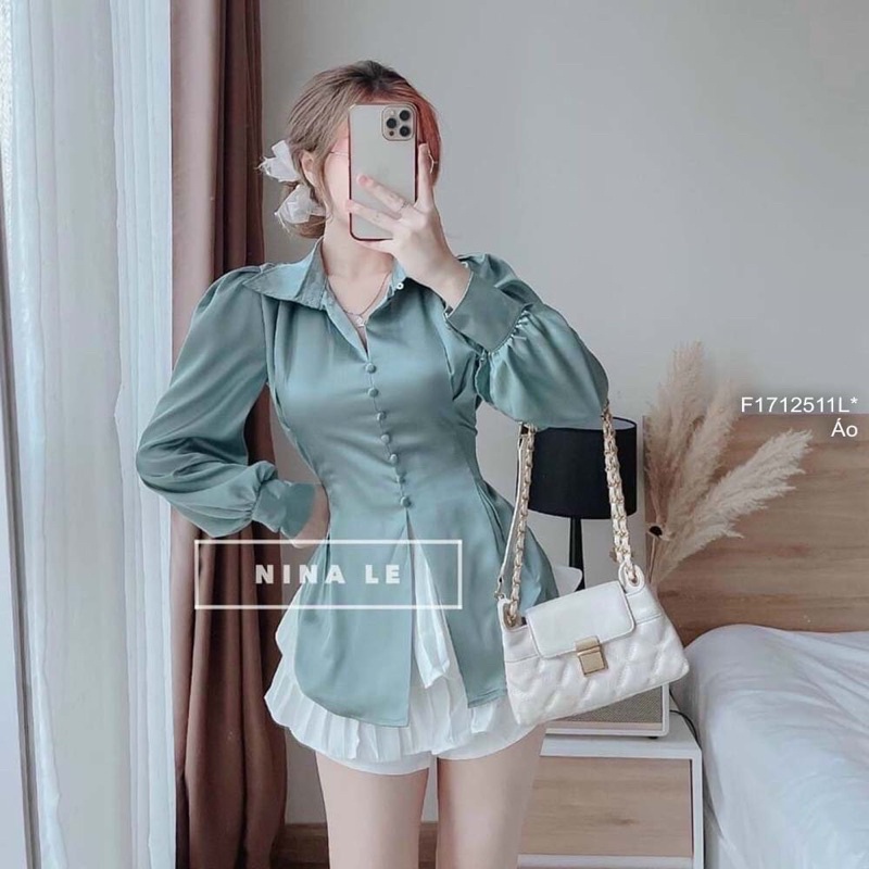 Áo sơ mi satin phối nút bọc xẻ tà trước cột nơ lưng tay dài!
