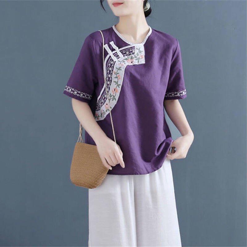 Áo Thun Cotton Ngắn Tay Cổ Tròn Form Rộng Thêu Họa Tiết Phong Cách Cổ Điển Dành Cho Nữ