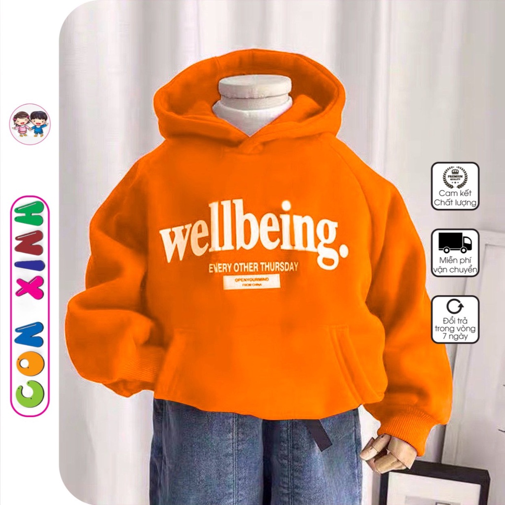 Áo hoodie nỉ bé trai Con Xinh phom rộng in chữ Wellbeing, thời trang thu đông dành cho bé từ 4 đến 10 tuổi