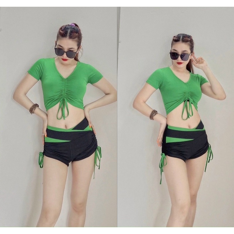 Set bộ đồ tập áo croptop quần đùi rút dây cạp V tập gym, nhảy aerobic, zumba,thể dục,đồng phục,nhảy dân vũ nữ