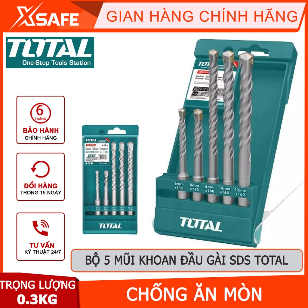 Bộ 5 mũi khoan bê tông TOTAL TAC190501 5 mũi khoan đuôi khe phủ lớp titanium chống mài mòn, gỉ sét, chịu lực chịu nhiệt