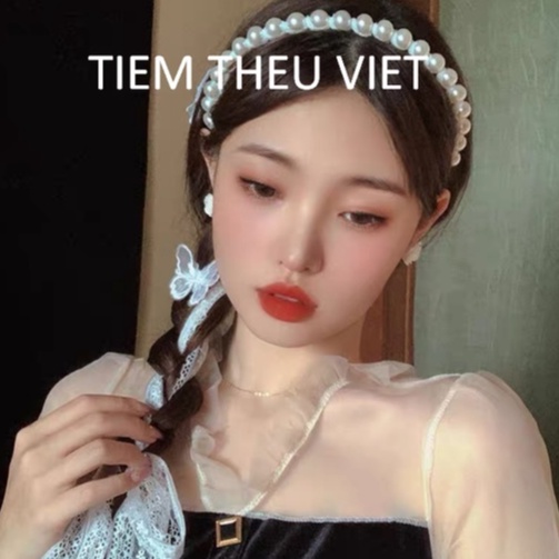 Băng Đô Ngọc Trai Nhựa Phối Ren Tiệm Thêu Việt