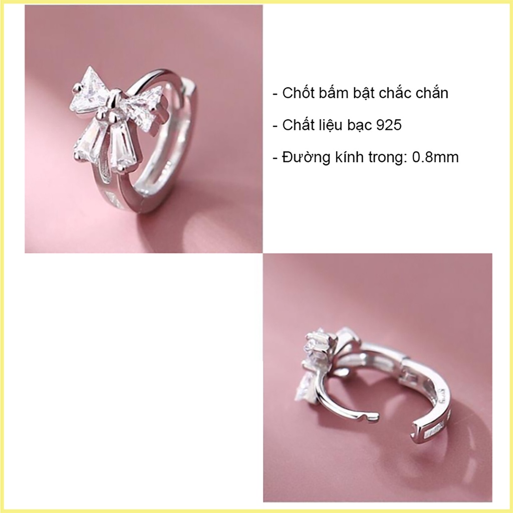 Khuyên Tròn Bạc 925 Hanada Bông Tai Tròn Bấm Bật Nơ Đính Đá Tiểu Thư 1014 D1