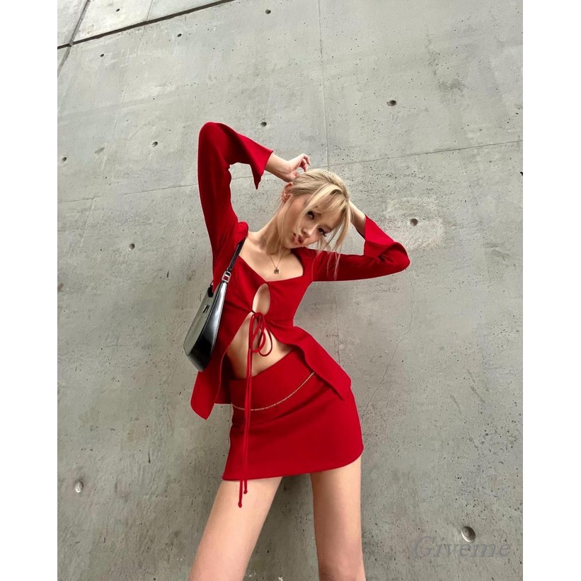 Set Đồ Mùa Hè 2 Món Gồm Áo Tay Dài Cắt Xẻ Tà Và Chân Váy Ngắn Lưng Cao Màu Trơn Cho Nữ