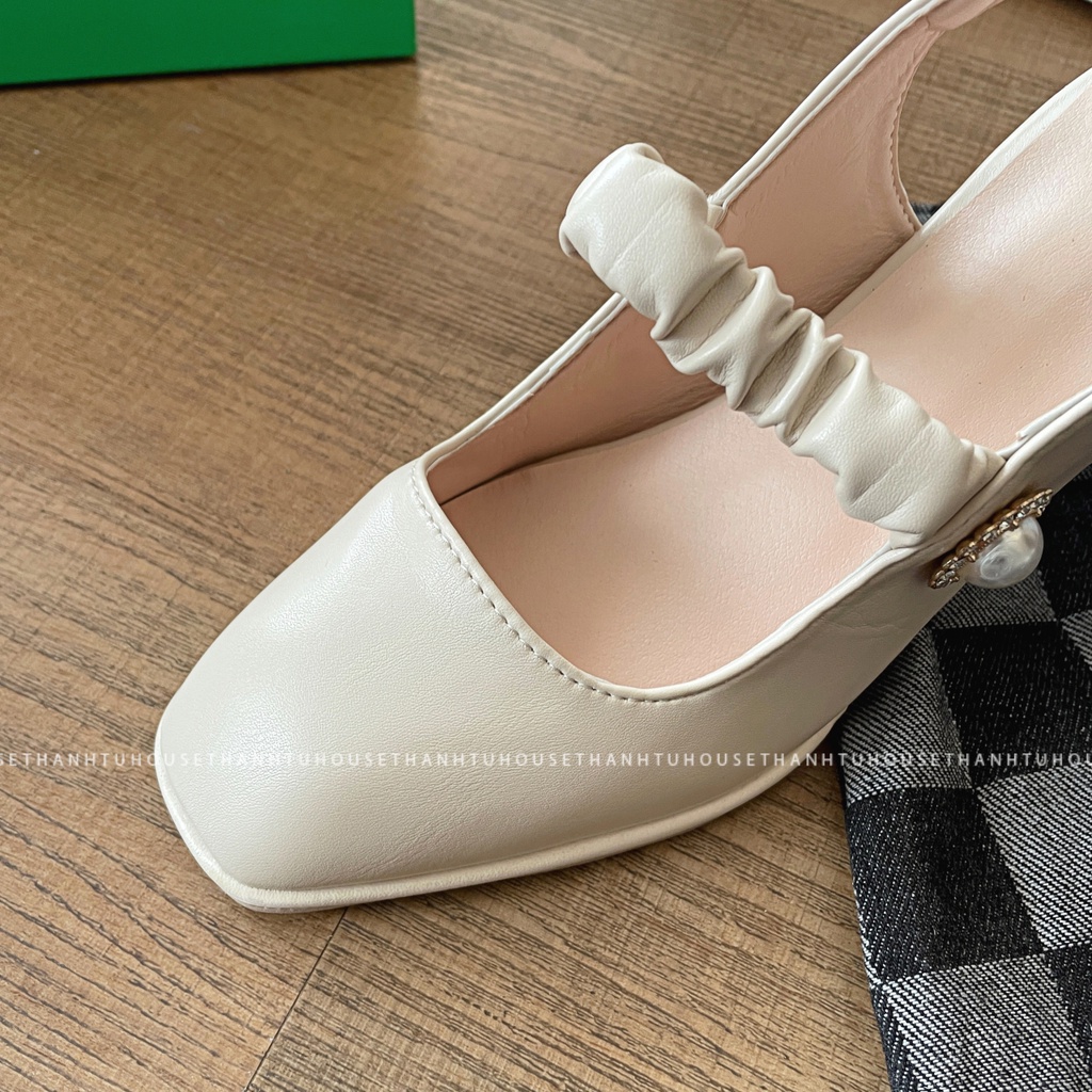 Giày Sandal Nữ Mary Jane Cao Gót Mũi Vuông Quai Nhún Vintage - SA012
