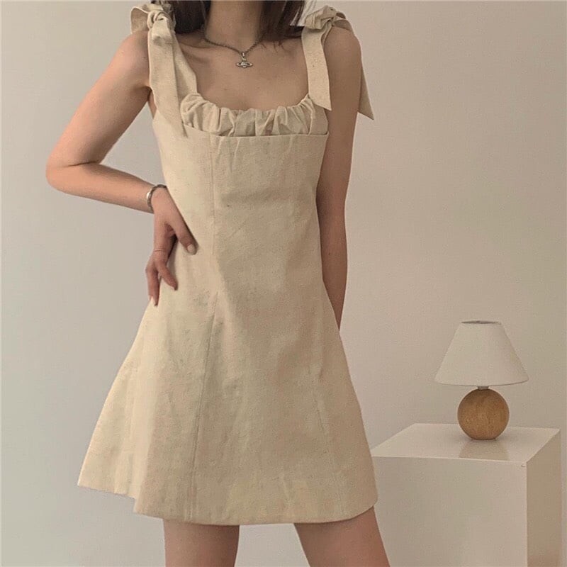 Váy thắt nơ vai nhún ngực 2 màu - Váy hai dây buộc nơ vai hở lưng dáng xòe phom rông chất thô giá siêu rẻ C292