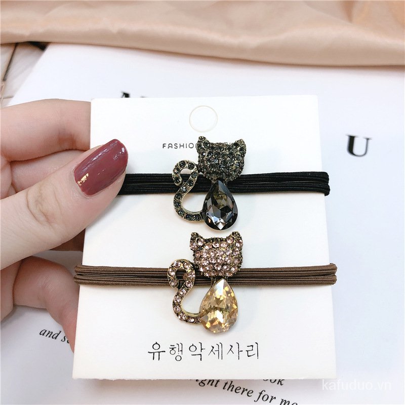 Dây buộc tóc họa tiết cô mèo đính đá phong cách Hàn Quốc nữ tính