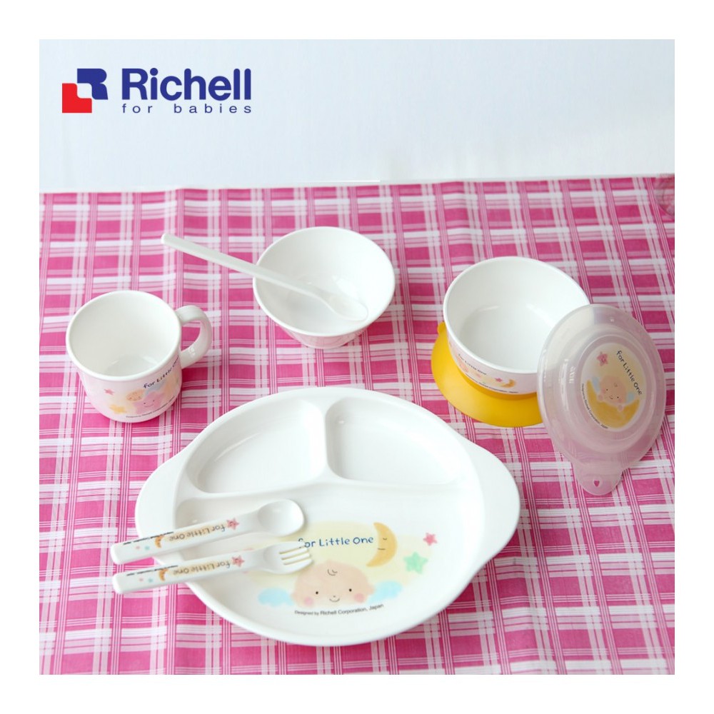 Set khay bát đĩa cốc thìa ăn dặm cơm cho bé chống đổ có nắp blw kiểu nhật RICHELL chính hãng