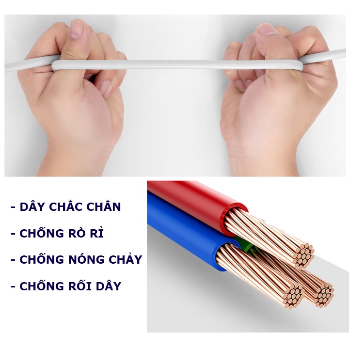 Ổ điện đa năng có cổng USB - Ổ cắm điện chống giật - dây 2m8 chịu tải 2500W an toàn TM01