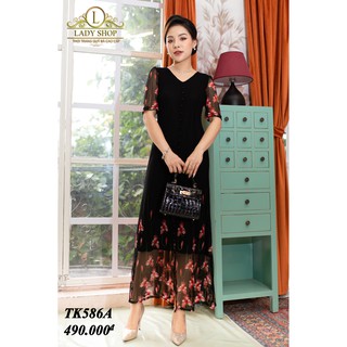Váy Đầm thời trang quý bà cao cấp LadyShop - đầm ren đen hoa phối cúc, chân xẻ TK586