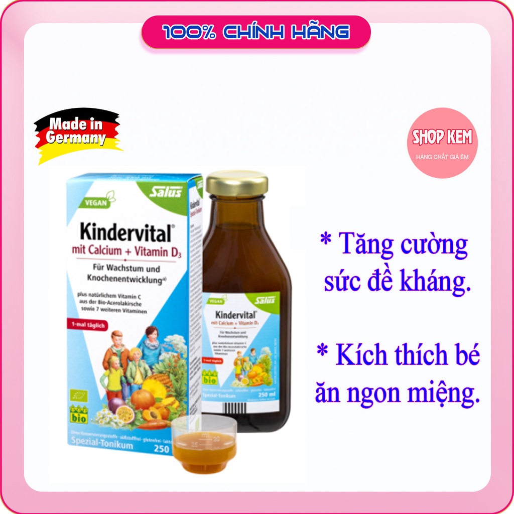 Siro bổ trẻ em Kindervital bổ sung Canxi và Vitamin D3 cho bé trên 3 tuổi chai 250 ml