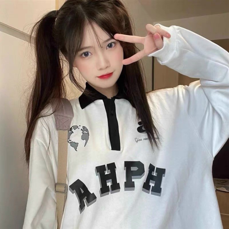 Áo Sweater Polo Dài Tay IN AHPH Áo Sweater Cổ Sơ Mi Phối Màu Trắng Đen Freesize Form Rộng