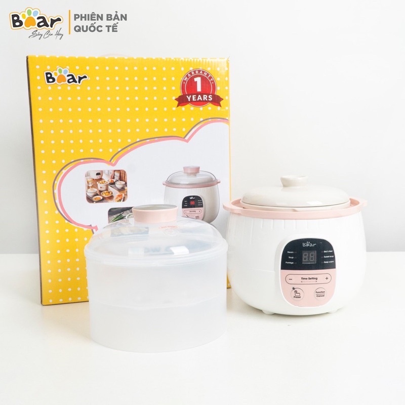 Nồi nấu cháo chậm Bear 0,8l bản quốc tế , cách thủy và ninh hầm ăn dặm cho bé Bear 0,8L kèm lồng hấp bảo hành 18m