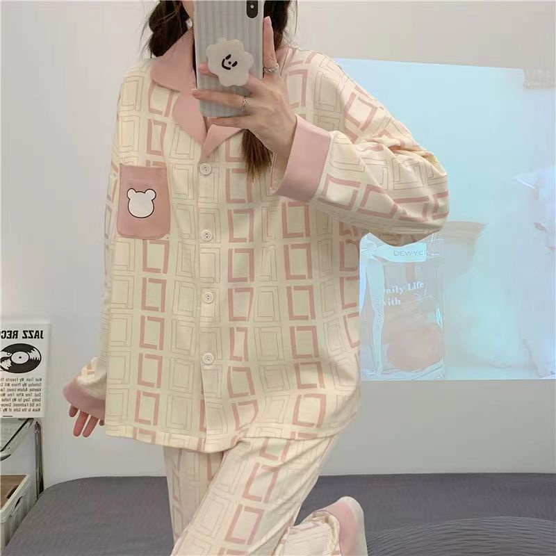 Bộ Đồ Ngủ Tay Dài In Hình Chú Gấu Nhỏ Gongge Màu Hồng Xinh Đẹp Thời Trang Mùa Thu Mới Dành Cho Bạn Nữ Mặc Ở Nhà