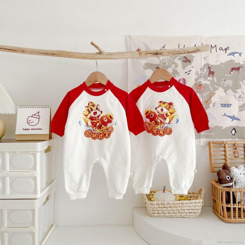 Bộ áo liền quần tay dài in hình hổ hoạt hình dành cho trẻ sơ sinh nam nữ