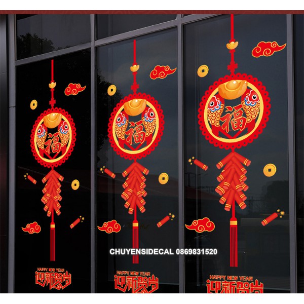 Decal trang trí Tết - Cặp Dây răng cưa Cá Chép Đỏ pháo