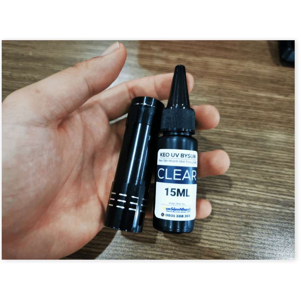 Combo Keo UV Kèm Đèn Uv Bysun Clear Trong Suốt Dán Kính, Dán Thép, Dán Mica BB010 15ml .Uy Tín - Chất Lượng - Giá