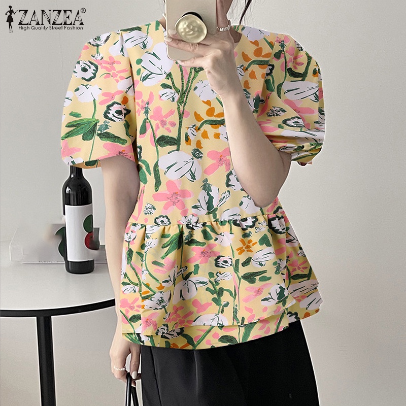 Áo ZANZEA tay phồng cổ tròn in họa tiết phong cách vintage dành cho nữ