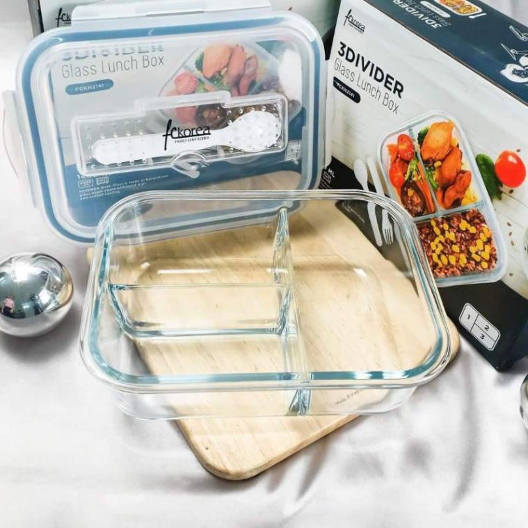 Hộp Thủy Tinh Chia 3 Ngăn Hộp cơm Văn Phòng FCKOREA FCKN2141 kèm muỗng nĩa dung tích 1400ml