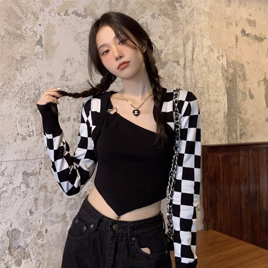 Set Áo Len Hai Dây + Áo Sơ Mi Sọc Caro Trắng Đen Thời Trang Cho Bé Gái
