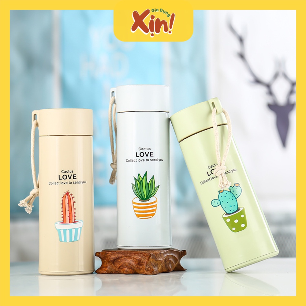 Bình giữ nhiệt thủy tinh bọc nhựa 450ml họa tiết xương rồng, bình nước chống va đập, có dây xách tiện dụng