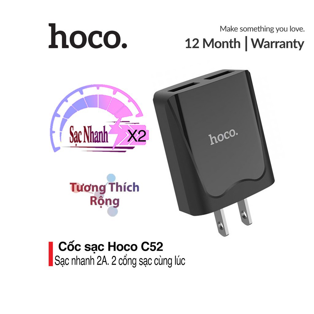 Củ sạc nhanh 2.1A Hoco C52/C52A chất liệu PC siêu bền được trang bị 2 cổng sạc Usb bảo vệ nhiều mạch