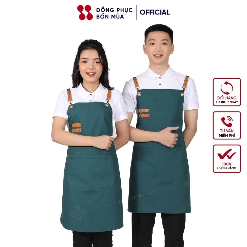 Tạp dề hàng thiết kế màu xanh phối da có túi rộng tiện lợi thương hiệu Đồng Phục Bốn Mùa chất liệu kaki cao cấp