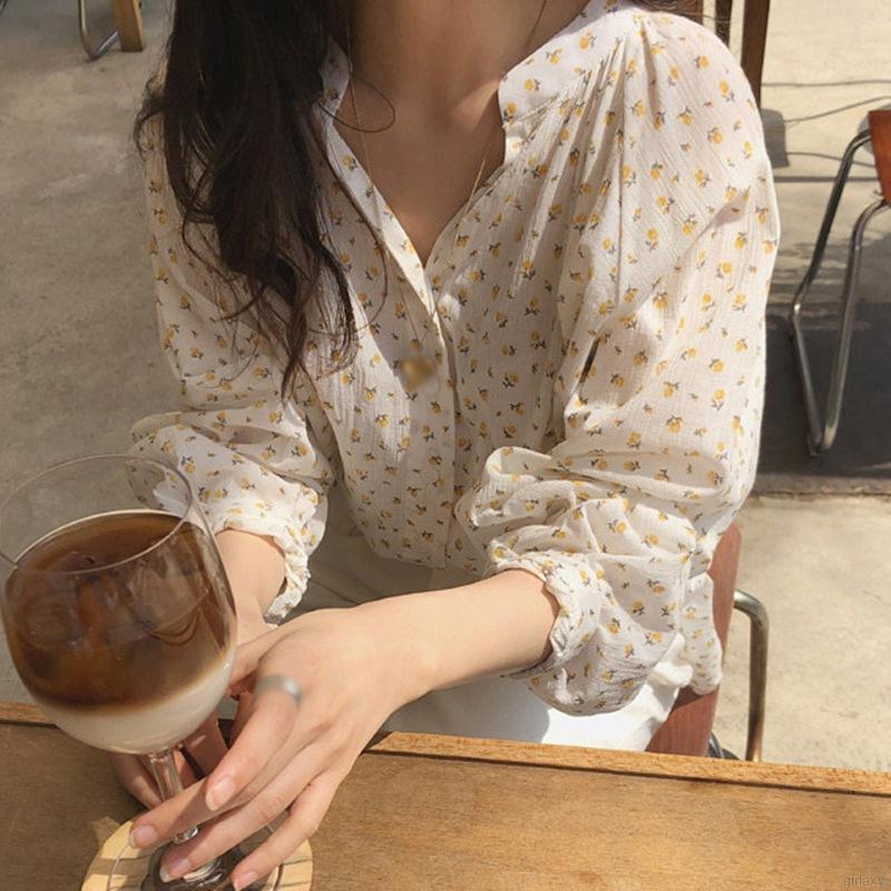 Áo Voan Dài Tay In Hoa Xinh Xắn Theo Phong Cách Hàn Quốc