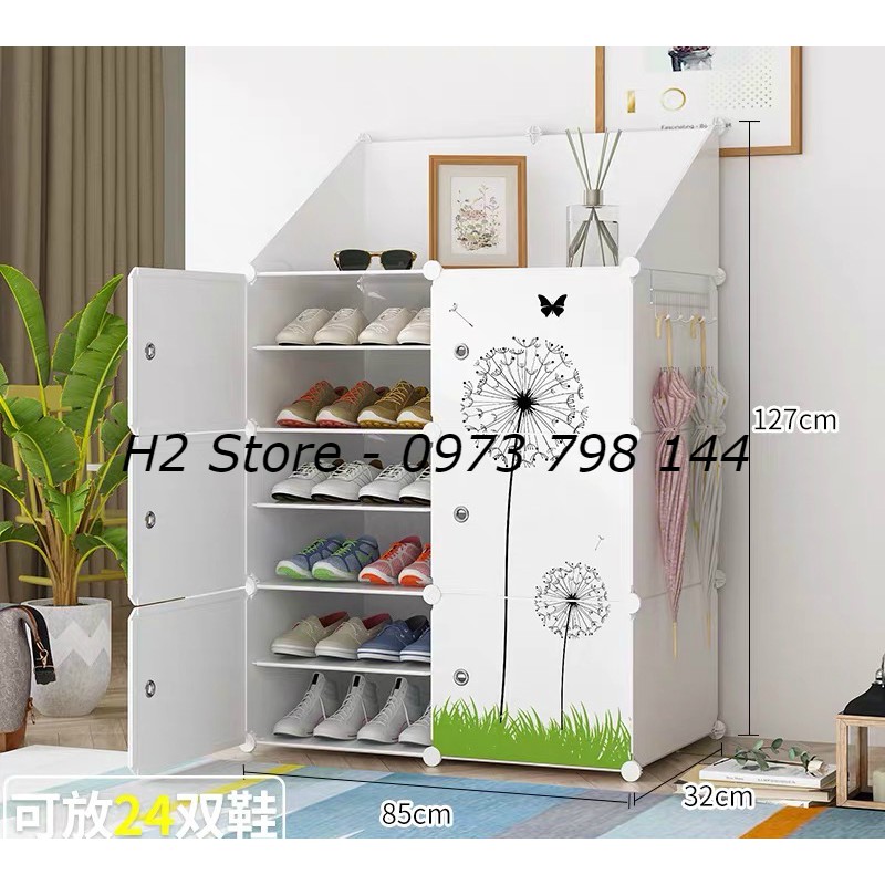 Tủ giày 12 ô (chia ô) vách trắng cửa trắng bồ công anh có sóng lắp ghép thông minh