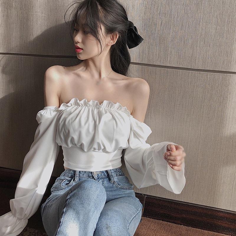 Áo ngắn hở rốn tay dài và phồng trễ vai màu trơn gợi cảm thời trang Hàn Quốc cho nữ Croptop