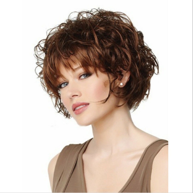 Fashion Women Lady Short Curly Wig Brown Wavy Hair Natural Neat Bang w/ Rose Net ☆MeetSellMall