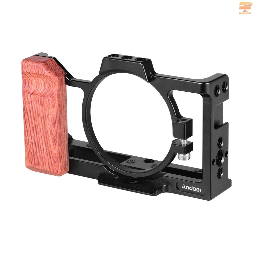 Andoer Camera Cage Compatible with Sony ZV1 Camera with Wooden Handle Grip Cold Shoe for Mounting Microphone LED Light