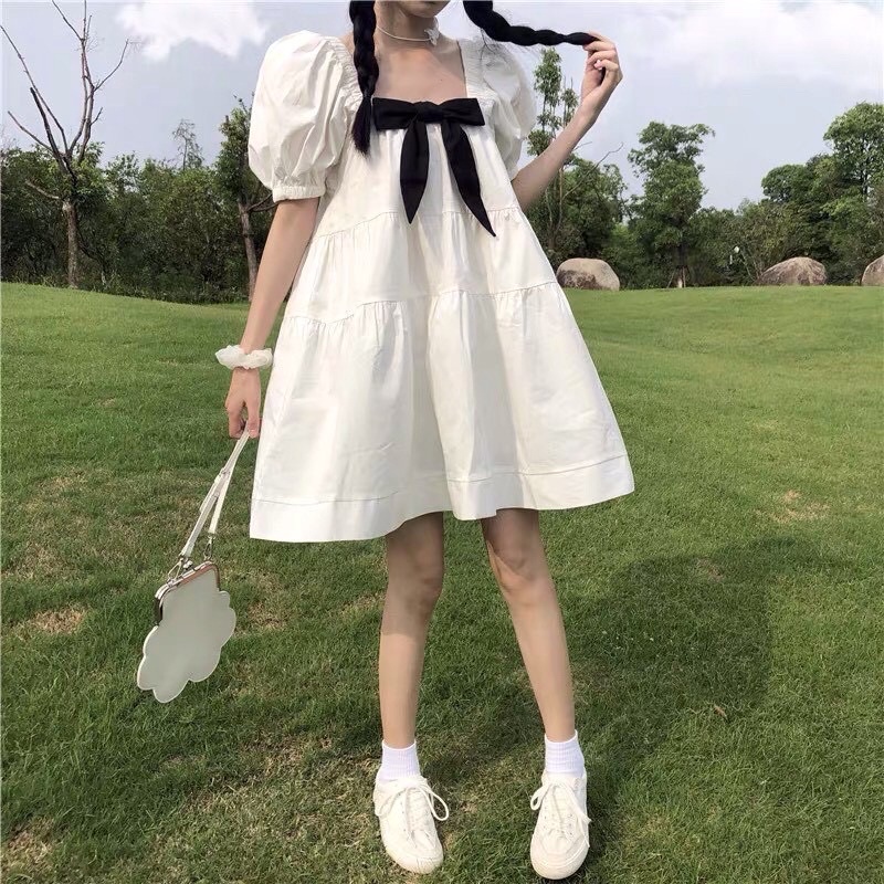 Đầm BABYDOLL CỔ VUÔNG nơ ❤️Váy trắng xoè  chất thô mềm | WebRaoVat - webraovat.net.vn