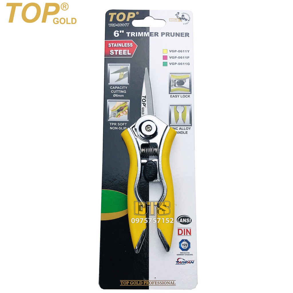 Kéo cắt cành, kéo tỉa dăm trợ lục TOP GOLD 6 inch/ 150mm, thép hợp kim cao cấp, thiết kế tối ưu tiết kiệm 50% lực bấm