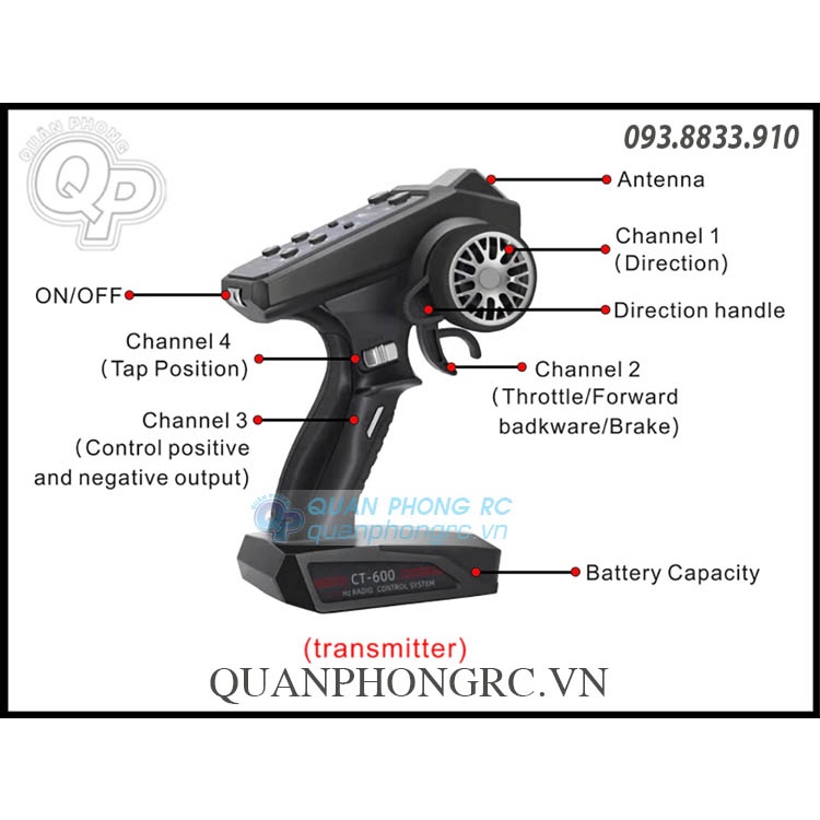 Tay Điều Khiển HotRC CT-600 2.4GHz 6CH FHSS RC Transmitter Cho Xe Và Tàu + Rx 6CH