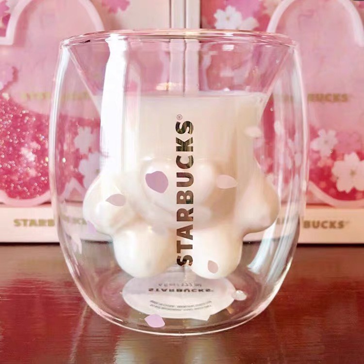 (SẴN) Cốc tay mèo Starbuck cao câp - thuỷ tinh 2 lớp Borosilicate chịu nhiệt