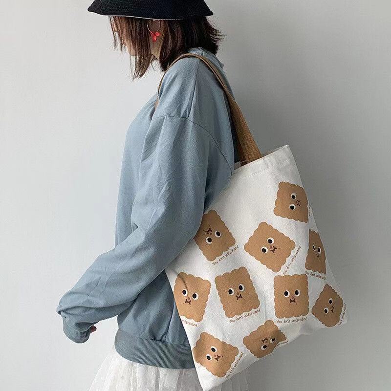1 Ba Lô Vải Canvas In Hình Bánh Quy Graffiti Một Vai Ins Cho Nữ Sinh