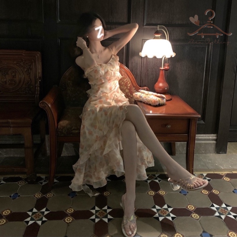 Đầm hai dây hoa xẻ tà tầng chéo ngọt ngào, váy hai dây đi biển