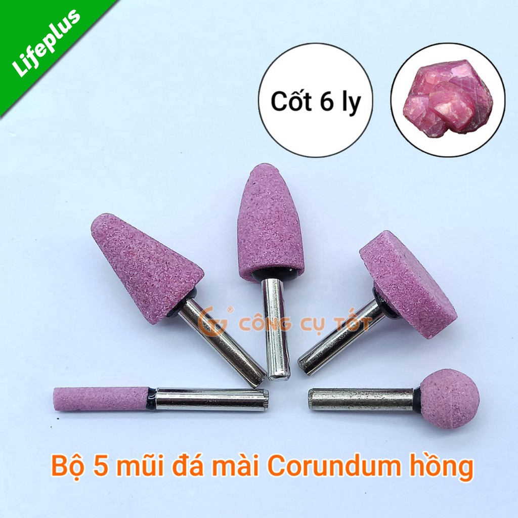 Bộ 5 Mũi đá mài Corundum hồng trục cốt 6 ly cơ bản
