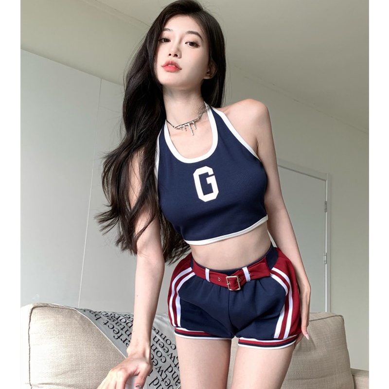 Bộ Đồ Thể Thao Áo Cổ Yếm Phối Quần Short Dáng Rộng Lưng Cao Thời Trang Mùa Hè Cho Nữ