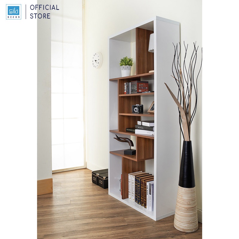 Kệ Sách Gỗ SIB Decor Nhiều Ngăn Màu Trắng Phối Vân Gỗ Nâu Đẹp Tinh Tế Và Hiện Đại, Để Sách Vở, Tranh Ảnh