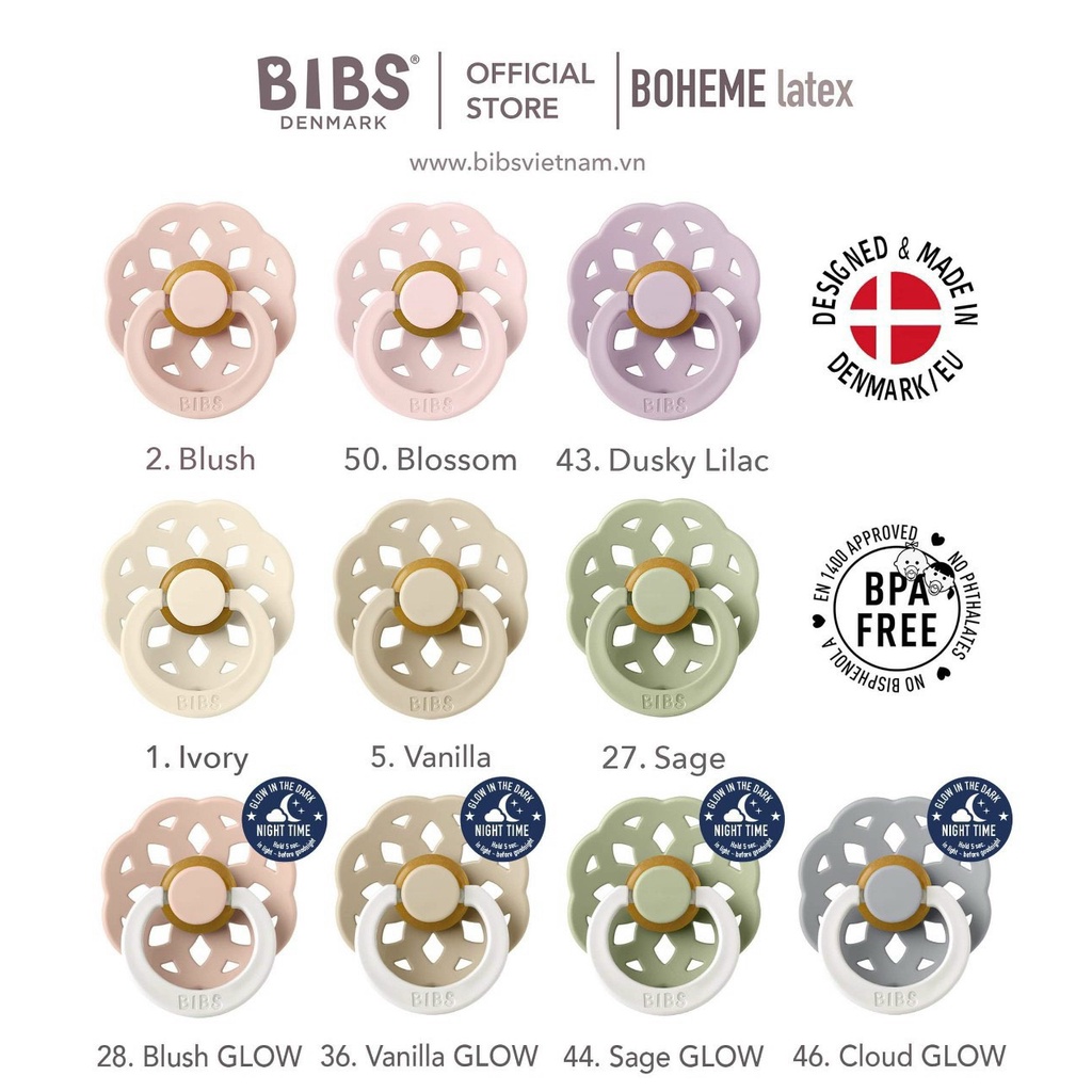 [TẶNG HỘP ĐỰNG] Ti Giả BIBS BOHEME CAO SU LATEX Đan Mạch Chính Hãng New Edition - Ti ngậm cho bé sơ sinh
