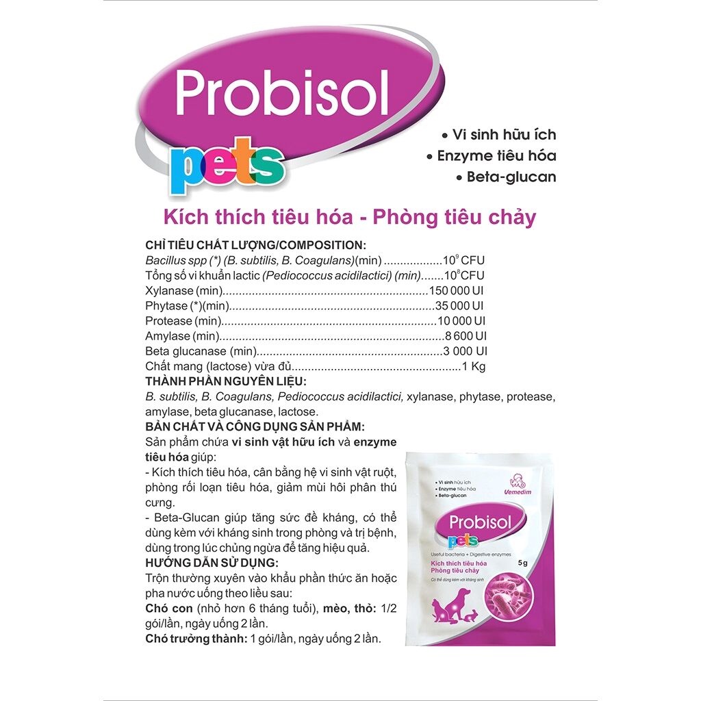 VEMEDIM Probisol Pet - Gói Men Tiêu Hóa Chó Mèo Phòng Tiêu Chảy, Tăng Đề Kháng