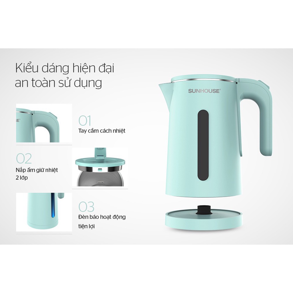 Ấm Siêu Tốc SUNHOUSE SHD1351 1,8L, Bình Đun Siêu Tốc Cao Cấp 2 Lớp Inox - Hàng Chính Hãng BH 1 Năm