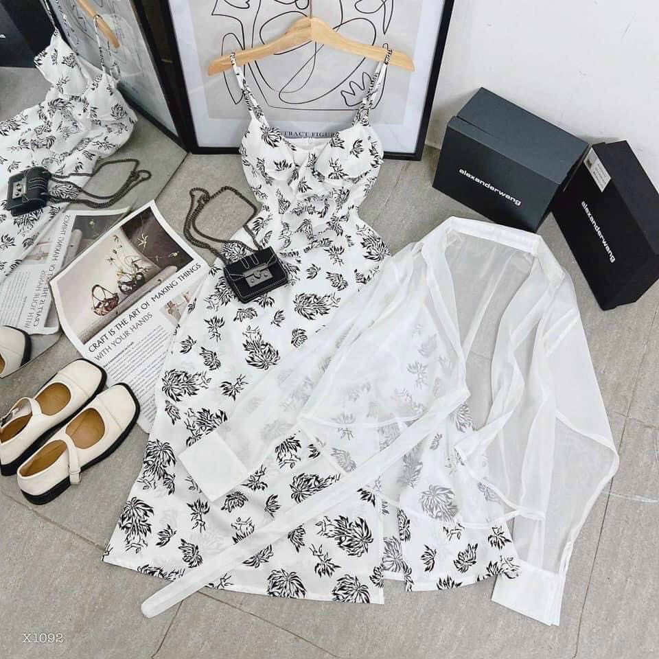 Set đầm váy nữ 2 dây họa tiết độc đáo xẻ tà mix áo khoác voan nữ tính, nhẹ nhàng dành cho các nàng yêu đi chơi